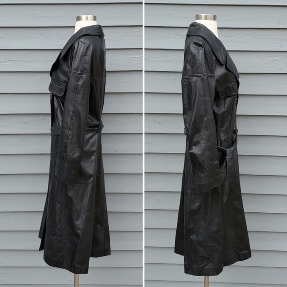 Vintage 70s Black Leather Double Breasted Belted Punk Goth Boho Trench Coat Md - Picture 3 of 6